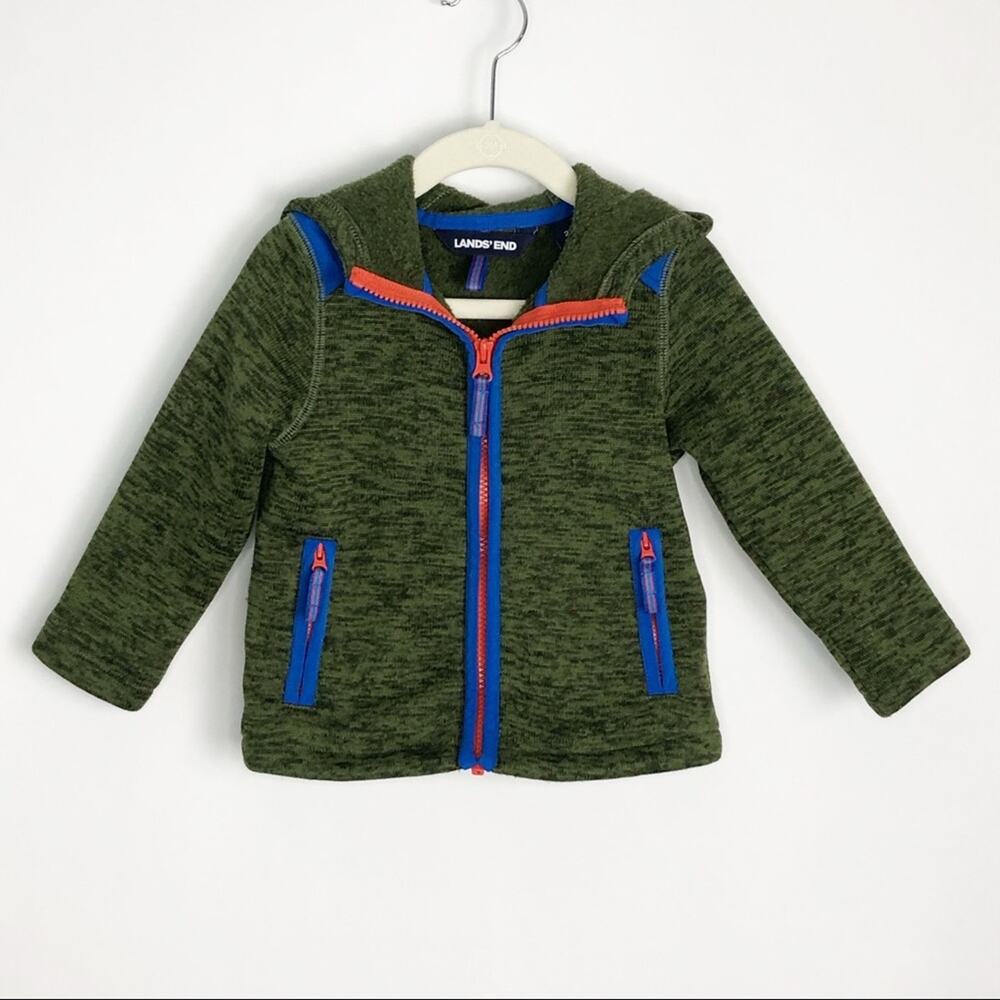 Lands' End 2T Full Zip Hoodie Sweater Knit Jacket Green